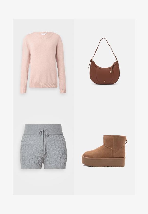 Jasnoróżowy sweter z okrągłym dekoltem, długimi rękawami oraz prążkowanymi mankietami i dół. Wykonany z miękkiego materiału o gładkiej fakturze.; Szare krótkie spodenki dzianinowe z teksturowanym wzorem, posiadające prążkowany pas i regulowany sznurek. Krótka długość, miękki materiał.; Beżowe zamszowe botki za kostkę z platformą, zaokrąglonym noskiem i akcentami w postaci przeszyć; posiadają pętelkę z tyłu dla ułatwienia zakładania.; Brązowa torebka na ramię z eko-skóry o zaokrąglonym kształcie, z minimalnym przeszyciem i złotym akcentem na okuciach. Posiada zamek błyskawiczny u góry oraz regulowany pasek.