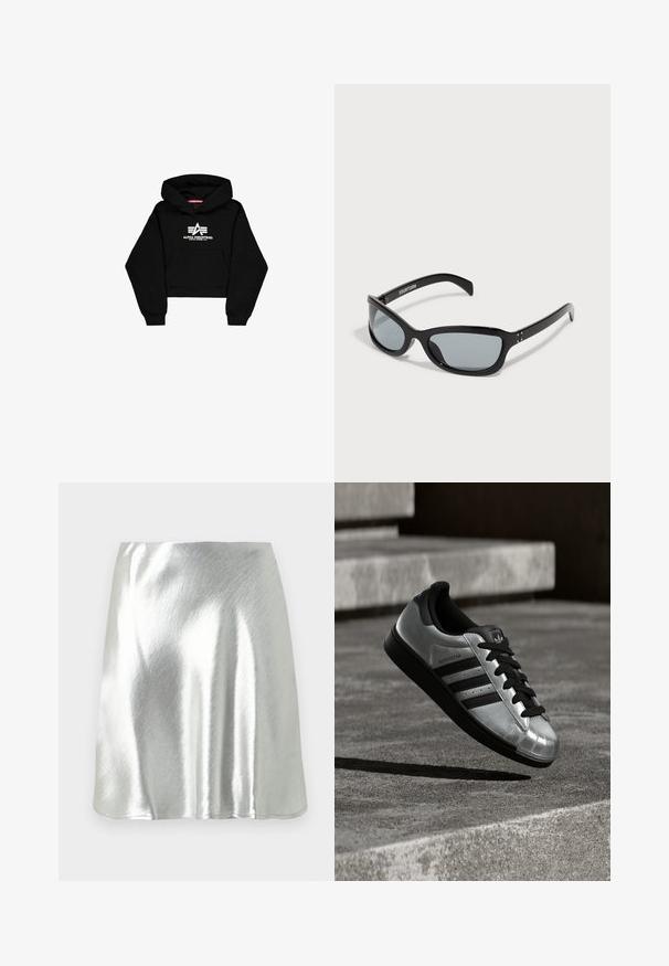 Black cropped hoodie made of soft fabric. Features a front pocket, ribbed cuffs, and a white logo print with stripes on the chest.; Silver metallic mini skirt with a smooth texture and a slight sheen. Features a flared design and a simple, clean cut hemline.; Silver sneaker with a black rubber sole, black laces, and three black stripes. Features a metallic finish and classic shell toe design.; Black sunglasses with a sleek, angular design. Features grey lenses and shiny plastic frames. Includes small metal accents and branding on the arm.