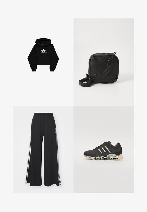 Black cropped hoodie made of soft fabric. Features a front pocket, ribbed cuffs, and a white logo print with stripes on the chest.; Black wide-leg sweatpants with an elastic waistband, featuring white side stripes and an embroidered logo on the left thigh.; Black athletic shoe with a textured upper, three silver stripes, and a distinctive cushioning sole featuring multiple integrated sections.; Black square crossbody bag made of textured synthetic material. Features an embossed logo design and adjustable strap. Zipper closure.