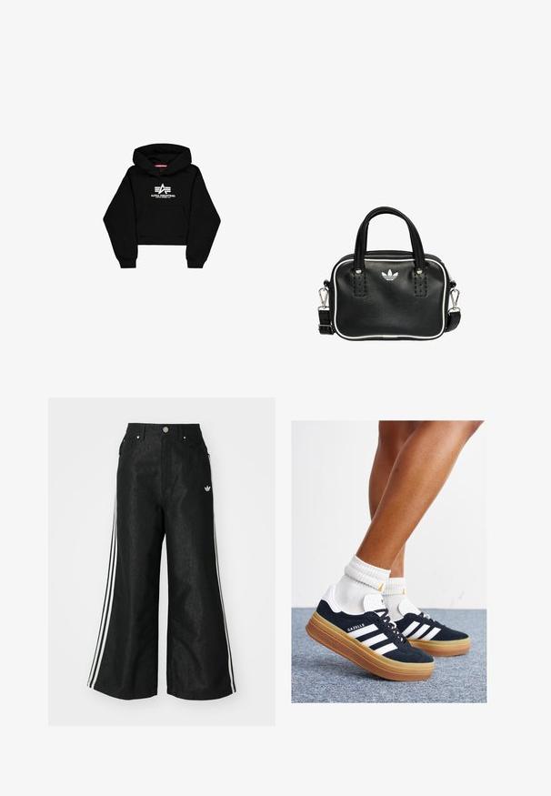 Czarna krótka bluza z kapturem wykonana z miękkiego materiału. Posiada kieszeń z przodu, ścianki rękawów wykończone ribbą oraz białe nadrukowane logo z paskami na klatce piersiowej.; Czarne dżinsy o szerokich nogawkach z trzema białymi paskami po bokach i małym białym logo. Posiadają przednie kieszenie i zapięcie na guzik.; Czarne zamszowe trampki z białymi paskami i akcentami, zaokrąglonym noskiem, gumową podeszwą w kolorze jasno-brązowym, zestawione z białymi żebrowanymi skarpetkami do kostki.; Czarna skórzana torebka z dwoma krótkimi uchwytami, srebrnymi akcentami, białymi detalami i białym logo. Posiada teksturowaną powierzchnię oraz kompaktowy design.