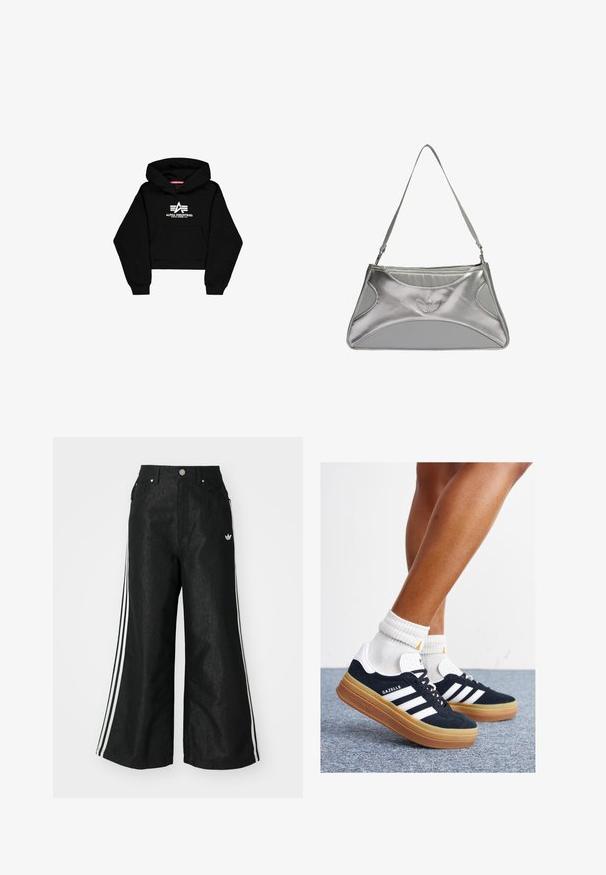 Hanorac scurt negru dintr-un material moale. Are o buzunar frontal, manșete râșnite și un imprimeu cu logo alb cu dungi pe piept.; Pantaloni din denim negri, cu croi evazat, având trei dungi albastre pe fiecare parte și un mic logo alb. Dispune de buzunare frontale și închidere cu buton.; Adidași negri din piele întoarsă cu dungi și accente albe, vârf rotund, talpă de cauciuc gumă, asortați cu șosete albe cu model nervurat.; Pătrată argintie metalică cu un design elegant și structurat, având un corp texturat, o curea pentru umăr și un accent cu logo embosat.