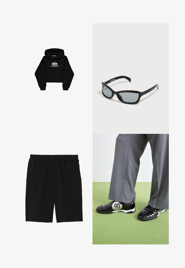 Black cropped hoodie made of soft fabric. Features a front pocket, ribbed cuffs, and a white logo print with stripes on the chest.; Black cotton shorts with an elastic waistband, two side pockets, a relaxed fit, and raw edges at the hem for a casual appearance.; Black patent leather sneakers with a silver "90" detail, featuring a textured surface and lace-up design, paired with gray wide trousers.; Black sunglasses with a sleek, angular design. Features grey lenses and shiny plastic frames. Includes small metal accents and branding on the arm.