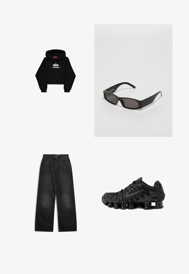 Czarna krótka bluza z kapturem wykonana z miękkiego materiału. Posiada kieszeń z przodu, ścianki rękawów wykończone ribbą oraz białe nadrukowane logo z paskami na klatce piersiowej.; Spodnie dżinsowe o szerokich nogawkach w czarnym kolorze z wysokim stanem, z pięcioma kieszeniami i zasuwakiem. Materiał ma gładką teksturę z delikatnym wyblaknięciem.; Czarne buty sportowe z siateczkową cholewką i połyskującymi detalami. Posiadają wyprofilowane poduszki pod nogami i teksturowane linie po boku. Widoczna logo Nike.; Czarne prostokątne okulary przeciwsłoneczne z ciemnymi soczewkami, gładką plastikową oprawką oraz subtelnym logo na lewej oprawce. Minimalistyczny design.; Even&Odd - Torba na zakupy