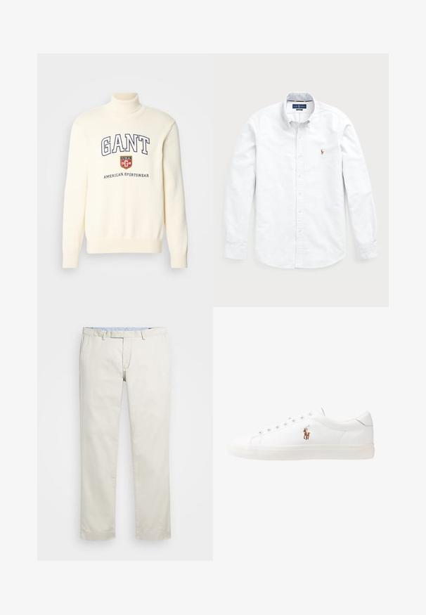 Λευκό πουλόβερ τρυγίκου GANT με λογότυπο, σχέδιο ασπίδας και κείμενο "AMERICAN SPORTSWEAR." Ριμπ τελειώματα στα μανίκια και το στρίφωμα. Μαλακή υφή πλέξης.; Λευκό πουκάμισο με μακρύ μανίκι, φτιαγμένο από βαμβάκι. Διαθέτει κολάρο με ανοιχτή γραμμή, κουμπί κλεισίματος και μικρό κεντητό λογότυπο στο στήθος.; Μπεζ βαμβακερές chinos με επίπεδο μπροστινό μέρος, θηλιές ζώνης και πλάγιες τσέπες. Σχεδίαση ίσιων ποδιών με μαλακή υφή και ελαφριά, αναπνεύσιμη αίσθηση.; Λευκά δερμάτινα sneakers, χαμηλού σχεδιασμού, με απαλή υφή, στρογγυλή μύτη, δέσιμο μπροστά και μικρό κεντημένο λογότυπο στο πλάι.