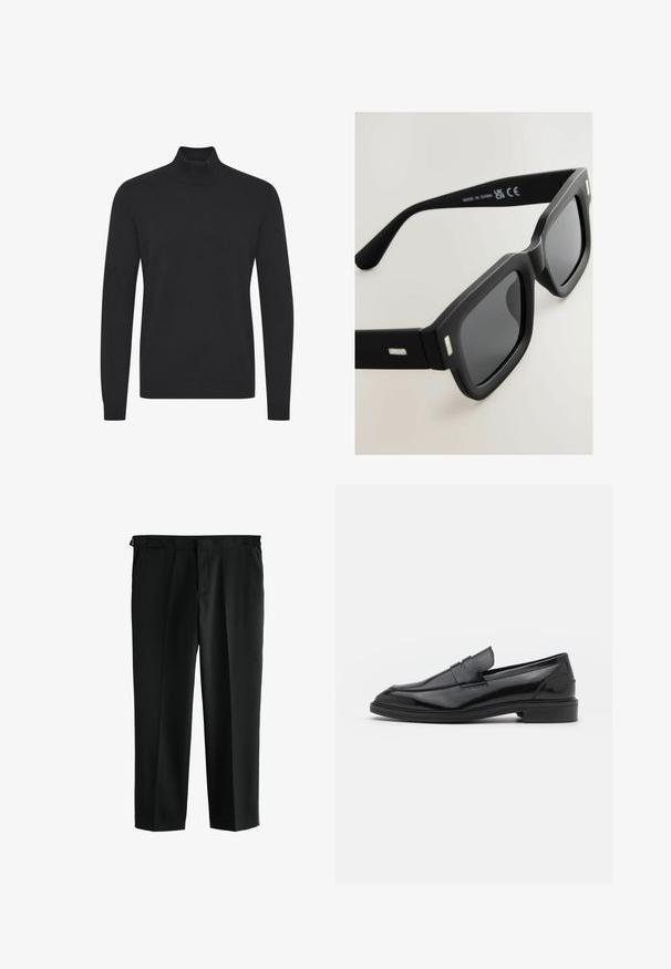 Černý rolák vyrobený z hladké tkaniny, s dlouhými rukávy a žebrovanými manžetami a spodním lemem. Jednoduchý, nezdobený design.; Černé kalhoty s rovnými nohavicemi, vyrobené z hladké látky. Má dva přední kapsy a pas se smyčkami na pásek.; Černé kožené mokasíny s hladkým povrchem, s kulatou špičkou a úzkým páskem přes svršek. Nízký vrstvený podpatek.; Černé obdélníkové sluneční brýle s matným povrchem, tmavými čočkami a stříbrnými akcenty na spáncích. Vyznačují se silným rámečkem a hladkou texturou.; Černé kožené rukavice s hladkou texturou, elegantním designem a výrazným prošíváním podél prstů, s mírně zaobleným hrotem na každém prstu.