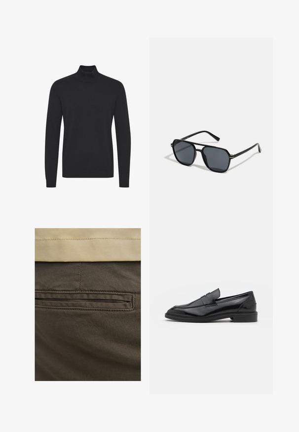Pulover negru cu guler înalt, realizat dintr-un material neted, având mâneci lungi și manșete și tiv cu izolație. Design simplu, fără ornamente.; Pantaloni din bumbac maroni cu un buzunar posterior vizibil, accentuați de cusături subtile și o textură netedă. Talie este într-o nuanță de bej contrastantă.; Pantofofi din piele neagră cu un finisaj neted, având vârful rotunjit și o bandă îngustă pe partea superioară. Toc mic, stratificat.; Ochelari de soare negri cu ramă octogonală, lentile întunecate, finisaj lucios, temple subțiri și accente aurii în partea din față.