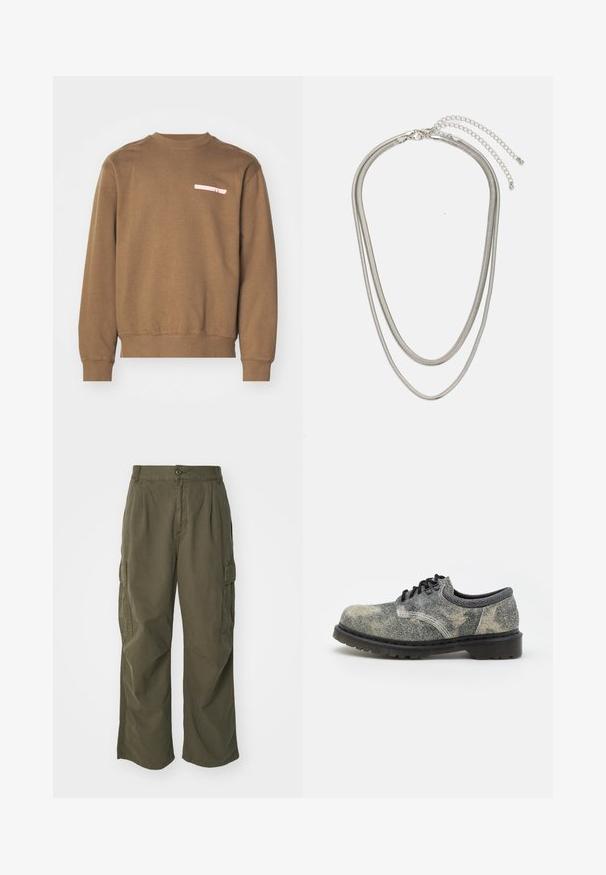 Felpa marrone con girocollo, polsini e orlo ribattuti. Presenta un piccolo logo rosa nella zona del petto. Tessuto morbido.; Pantaloni cargo in verde oliva, realizzati in cotone, con un design a gamba larga, pieghe e tasche laterali per utilità.; Scarpa stringata realizzata in tessuto grigio texturizzato con accenti neri, suola in gomma spessa e dettagli di cucitura bianchi. Design della punta arrotondata.; Collana in metallo argentato a tre strati caratterizzata da catene sottili e flessibili con una leggera lucentezza, fissata con un gancio a molla e una catena regolabile.
