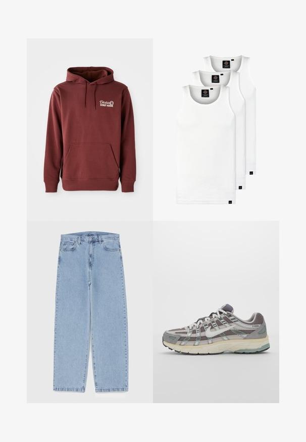 Bordo spalvota capucha su priekinėmis kišenėmis, ant kairio krūtinės išsiuvinėta "Dickie's Donut House" logotipas baltai. Minkšta, tekstūruota medžiaga.; Trys balti, dryžuoti marškiniai be rankovių, pagaminti iš medvilnės. Yra apvalus kaklas ir maži juodi etiketės netoli siūlės. Siūlomi įvairių dydžių.; Šviesiai mėlyni džinsai su tiesiomis kojomis, turintys vidutinio aukščio juosmenį, penkias kišenes ir mygtuko bei užtrauktuko uždarymą.; Pilkas sportinis batas su tinklu ir zomšos viršutine dalimi, baltomis detalėmis, paminkštintu padu ir išskirtiniu dizainu su atspindinčiais elementais.