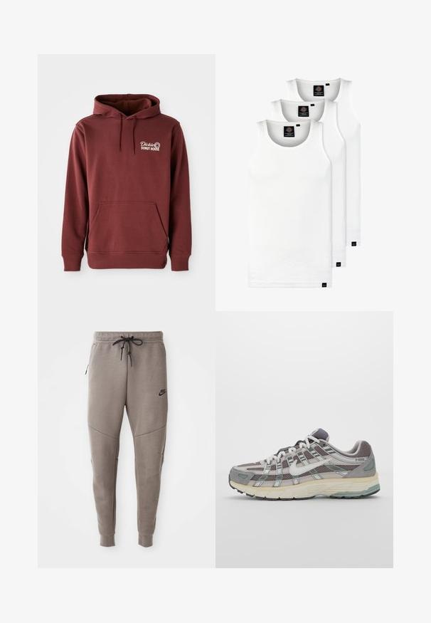 Burgundský svetr s kapucí a přední kapsou, na levém prsou je vyšitý logo "Dickie's Donut House" v bílé barvě. Měkká, strukturovaná látka.; Tři bílé žebrované tílka vyrobené z bavlny. Mají kulatý výstřih a malé černé štítky poblíž lemu. Dostupné v několika velikostech.; Šedé Nike tepláky s elastickým pasem na šňůrku, zúženými nohavicemi, bočními kapsami a charakteristickým švem. Měkká, strukturovaná tkanina.; Šedá sportovní obuv s vrchní částí z mikrovlákna a semiše, bílými akcenty, polstrovanou podrážkou a jedinečným designem s reflexními prvky.