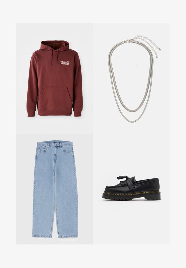 Bordo spalvota capucha su priekinėmis kišenėmis, ant kairio krūtinės išsiuvinėta "Dickie's Donut House" logotipas baltai. Minkšta, tekstūruota medžiaga.; Šviesiai mėlyni džinsai su tiesiomis kojomis, turintys vidutinio aukščio juosmenį, penkias kišenes ir mygtuko bei užtrauktuko uždarymą.; Juodas odinis loaferis su kutais, turintis masyvų juodą pado ir geltonus siūlus palei kraštą. Textūruota danga.; Trijų sluoksnių sidabrinė metalinė apyrankė, kuri pasižymi stilingomis, lankstosiomis grandinėlėmis su švelniu blizgesiu, užsegama krabų užsegimu ir reguliuojama grandinė.