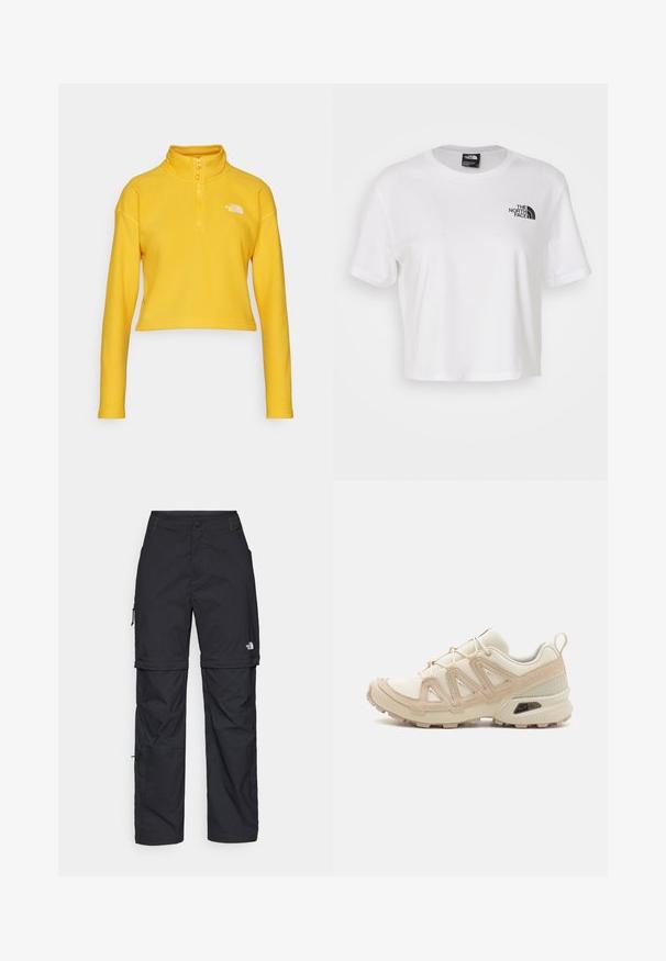 The North Face GLACIER CROPPED ¼ ZIP - Fleece jumper - summit gold; White cropped t-shirt made of cotton with a round neckline and short sleeves. Features a black logo on the left chest.; Black nylon zip-off cargo trousers with adjustable cuffs, multiple pockets, and a logo on the right leg. Smooth, lightweight texture.; Beige and cream athletic shoe with textured mesh upper, supportive overlays, and rubber outsole featuring a tread pattern for traction.