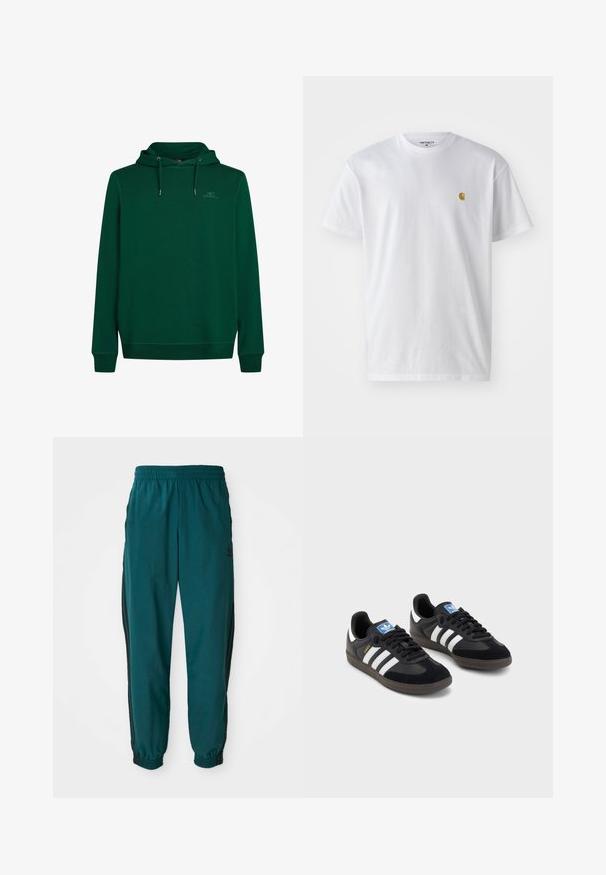 Žalias džemperis su minkšta medžiaga, turintis priekinį kengūros tipo kišenę, reguliuojamą kapučino su raišteliu bei tinkamą apykaklę ir apačią. Diskretus logotipo detalė ant krūtinės.; Balta medvilnės marškinėliai su trumpomis rankovėmis, apvalia iškirpte, kuriuose kairėje krūtinės pusėje yra mažas auksinis logotipas. Minkšta tekstūra ir reguliari forma.; Žalios sportinės kelnės su raišteliu juosmenyje, elastiniais rankogaliais ir šoninėmis juodomis juostomis. Pagamintos iš lengvos medžiagos, su logotipu šalia klubų.; Juodi sportiniai bateliai su zomšos ir sintetine viršutine dalimi, turintys tris baltas juosteles, tekstūruotą gumos pado paviršių ir mėlyną logotipo etiketę ant liežuvėlio.
