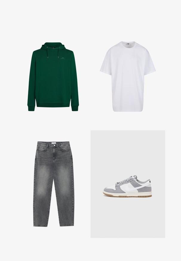 Sudadera verde hecha de una tela suave, con un bolsillo frontal tipo canguro, capucha ajustable con cordones y puños y dobladillo acanalados. Detalle sutil del logo en el pecho.; Camiseta blanca de algodón con mangas cortas, cuello redondo, corte relajado y sin logotipos ni patrones visibles. Textura suave y diseño minimalista.; Jeans de cintura alta y corte holgado en denim negro desgastado. Con cinco bolsillos, pasadores para el cinturón y un diseño de pierna recta y limpia.; Zapatilla gris y blanca con parte superior de ante y cuero, puntera redondeada, cordones planos y suela de goma con un acento de goma.