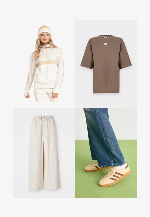 Roxy Felpa - pebble roxygram; T-shirt in cotone marrone con maniche corte, collo tondo e logo Adidas bianco centrato sul petto, caratterizzato da un design semplice e una vestibilità comoda.; Pantaloni a gamba larga di colore crema con vita elastica e cordoncino. Tessuto in lino morbido e leggero, senza motivi visibili o accessori metallici.; Sneakers beige con pannelli texturizzati crema e strisce marroni, abbinati a jeans in denim blu. I jeans hanno un taglio largo e orlo sfilacciato.