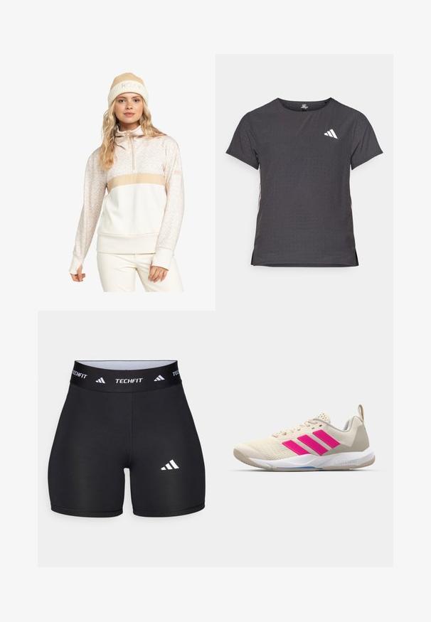 Roxy Sweatshirt - pebble roxygram; Kurze Ärmel Sport-T-Shirt, dunkelgrau mit durchbrochener Textur. Enthält ein weißes Logo und kontrastierende Seitenstreifen. Runder Ausschnitt.; Schwarze Shorts aus dehnbarem Stoff mit passgenauer Passform. Verfügt über einen breiten schwarzen Bund, der mit "TECHFIT" beschriftet ist, und ein weißes Logo am Bein.; Beige Sportsschuh mit pinkem Dreistreifen-Logo, strukturiertem Mesh-Obermaterial, gepolstertem Schaft und weißer Gummisohle, mit "LIGHTSTRIKE"-Branding.