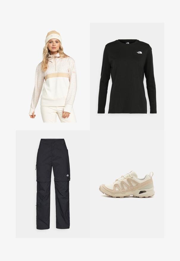 Roxy Sweatshirt - pebble roxygram; T-shirt noir à manches longues en coton avec un col rond. Présente un petit logo blanc sur la partie gauche de la poitrine. Design et coupe simples.; Pantalons cargo en nylon noir, à zip amovible, avec chevilles ajustables, plusieurs poches et un logo sur la jambe droite. Texture lisse et légère.; Baskets de sport beiges et crème avec une tige en mesh texturé, des superpositions de soutien et une semelle en caoutchouc dotée d'un motif de crampons pour une traction.