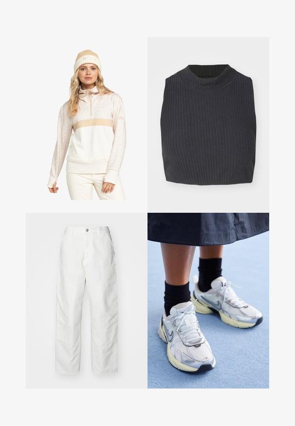 Roxy Sweatshirt - pebble roxygram; Cropped ribbed top in dark navy, featuring a high neckline and a subtle Nike logo. The fabric has a textured, stretchy appearance.; White cargo pants made of denim, featuring a relaxed fit, side pockets, and visible stitching details. Plain front with a button closure.; White and silver Nike sneakers with mesh fabric, reflective accents, and a beige sole. Worn with black socks, standing on a blue surface.