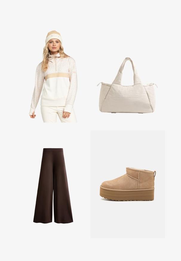 Roxy Mikina - pebble roxygram; Hnědé kalhoty s širokými nohavicemi vyrobené z měkké látky, s vysokým pasem, jemnou texturou a plynulým siluetou bez viditelných zapínání nebo ozdob.; Béžové semišové kotníkové boty s plyšovým interiérem, které mají platformovou podrážku a poutko na zadní straně pro snadné obutí. Texturovaná gumová podrážka.; Béžová prošívaná taška přes rameno s dvěma rukojeťmi, zaoblený tvar, texturovaná látka a boční kapsa na šňůrku. Hladký povrch, minimalistický design.