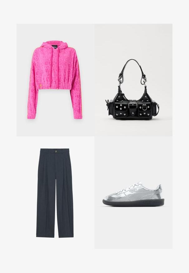 Rövidített kapucnis pulóver élénk rózsaszínben, texturált anyaggal, amelyen a "VERSACE" logó ismétlődő mintája található. Tartalmaz egy kapucnit, húzózsinórokat és arany árnyalatú csíkokat.; Textúrájú, sötétszürke anyagból készült, bő szárú nadrág, elülső redőkkel, gombos záródással és oldalsó zsebekkel a praktikum érdekében.; Ezüst színű tornacipők sima, fényvisszaverő felső résszel, fekete gumitalppal és klasszikus, fűzős kialakítással. Puma logó az oldalon.; Fekete bőr kézitáska ívelt designnal, ezüst szegecsekkel, csattal és két oldalsó zsebbel. Állítható vállpánt a hordozási lehetőségekhez.