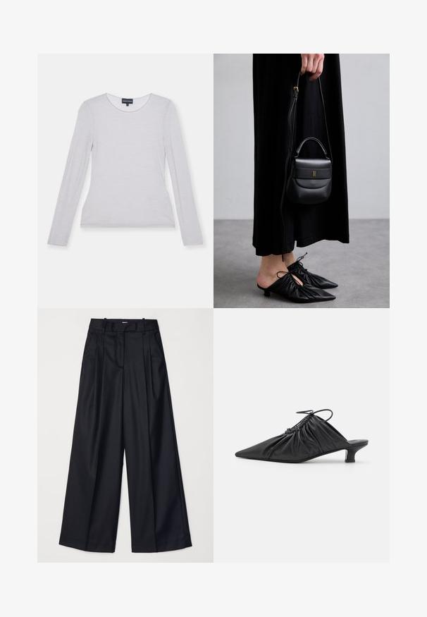 Top cu mâneci lungi, de culoare gri deschis, confecționat dintr-un material moale, cu decolteu rotund și un design ajustat. Textură netedă, fără tipare sau accente vizibile.; Pantaloni negri cu picioare late, confecționați dintr-un material neted, având talie înaltă, plii și un design croitorie. Accesorii simple negre la talie.; Mule-uri negre din piele, cu vârf ascuțit, textură plisată și un tocuri mici de tip kitten. Prezintă un detaliu cu șnur la deschidere.; Geantă mică din piele neagră, cu o formă rotunjită, mânere superioare și curea detașabilă. Pur tată cu o rochie din material negru și pantofi plisati negri.