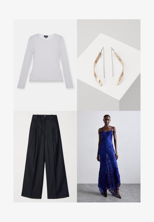 Langarm, lichtgrijze top van een zachte stof met een ronde halslijn en een getailleerd ontwerp. Gladde textuur, geen zichtbare patronen of accenten.; Zwarte wijde broek van soepel materiaal, met een hoge taille, plooien en een getailleerd ontwerp. Eenvoudige zwarte details bij de taille.; Blauwe en paarse dierenprint maxi jurk met dunne bandjes, een getailleerd bovenlijf, uitlopende zoom en een doorschijnende overlaydetail.; Gouden en zilveren drop oorbellen met een gebogen, langwerpige vorm. Glanzende afwerking met een gladde textuur en een minimalistisch ontwerp.