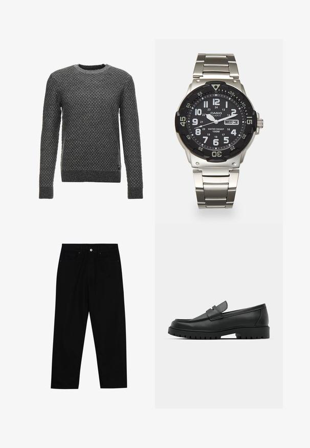 Pull en tricot gris avec un motif texturé, col rond et manches longues. Présente un ourlet et des poignets côtelés.; Pantalons en denim noir avec une coupe droite, un design à cinq poches et une fermeture à bouton à l'avant. Texture lisse avec des détails de couture minimaux.; Mocassins en cuir noir à bout arrondi, avec un design cousu, une semelle plateforme basse et une semelle en caoutchouc texturée et crantée.; Montre à quartz en métal avec un cadran noir, des chiffres blancs et un affichage de la date. Dispose d'un bracelet en acier inoxydable et d'une résistance à l'eau de 100 m.