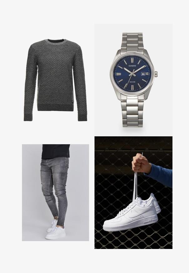 Suéter de punto gris con un patrón texturizado, cuello redondo y mangas largas. Presenta un dobladillo y puños de canalé.; Jeans ajustados en denim gris desgastado, con detalles desgastados en las rodillas, combinados con zapatillas blancas. Textura suave, diseño de corte slim.; Zapatillas de cuero blanco con perforaciones, punta redonda, suela plana y cordones gruesos, con un logo de swoosh visible y "AIR" en el talón.; Reloj de pulsera de acero inoxidable plateado con una esfera azul marina, marcadores horarios metálicos y una ventana de fecha a las 3 en punto. Resistente al agua hasta 50 metros.