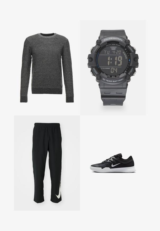 Pull en tricot gris avec un motif texturé, col rond et manches longues. Présente un ourlet et des poignets côtelés.; Pantalons de sport noirs avec une ceinture élastique, design fuselé, dotés d'un grand logo Nike blanc sur la jambe gauche. Tissu doux et léger.; Chaussure de sport noire avec une tige texturée, un swoosh blanc de Nike et une semelle extérieure en caoutchouc blanc. Elle présente un design à lacets et une forme dynamique.; Montre digitale Casio avec un bracelet en résine gris, écran LCD, étanchéité jusqu'à 100 mètres, et fonctionnalités pour alarmes et rétroéclairage.