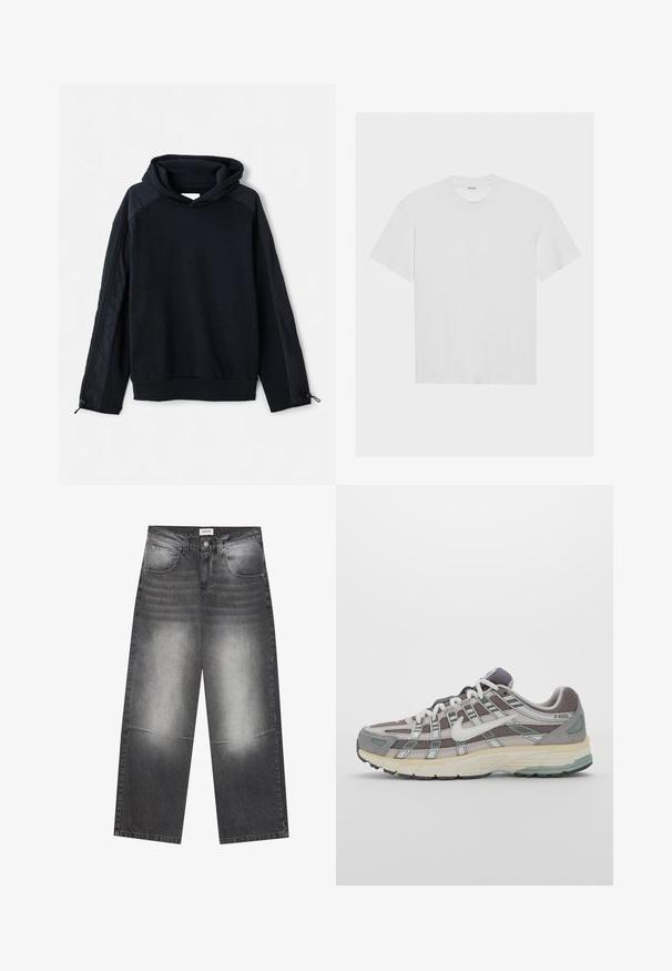 Pier One Ikdienas džemperis - black; Balts kokvilnas T-krekls ar īsām piedurknēm, apaļu kakla izgriezumu un brīvu piegriezumu. Gluda tekstūra un nav redzamu rakstu vai akcentu.; Plati melni džinsi ar izbalējušu pelēku apdari, ar priekšējām kabatām, pogu aizdari un nelielu nodilumu uz ceļiem.; Pelēkie sporta apavi ar tīkla un zamša augšdaļu, baltiem akcentiem, mīkstinātu zoli un izcilu dizainu ar atstarotājiem.