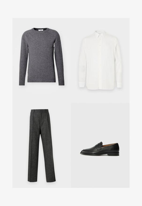 Gray knit sweater featuring a round neckline, long sleeves, ribbed cuffs and hem, made from a soft, textured fabric. No visible patterns or accents.; White long-sleeve shirt made of lightweight fabric, featuring a classic collar, button closure, and straight-cut hem. Smooth texture.; Gray tailored trousers made of textured fabric, featuring two front pleats and a straight-leg design. No visible pockets or embellishments.; Black leather loafer with a rounded toe, subtle stitched detailing, and a low heel, featuring a smooth texture and minimalist design.
