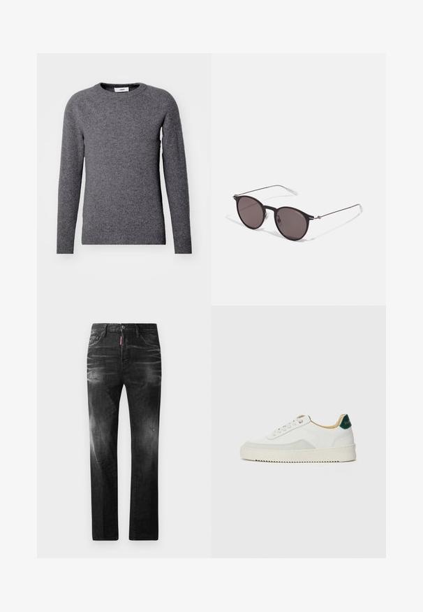 Pilkos spalvos megztinis su apvaliu kaklu, ilgomis rankovėmis, rauktomis rankogaliais ir apačia, pagamintas iš minkštos, tekstūruotos medžiagos. Nėra matomų raštų ar akcentų.; Juodi džinsai su tiesiu kirpimu. Spalvoti svyrantys plotai, šiek tiek sugadinti, klasikinis penkių kišenių dizainas ir mygtuko uždarymas.; Baltos sportbačiai su zomšos akcentais, apvaliu nosiu, plokščiais raišteliais ir kreminės spalvos guminiu padu. Ant kulno yra žalia ženklinimo detalė.; Juodos apvalios saulės akinių su tamsiais lęšiais ir plonomis metalinėmis šakomis. Įtraukti skaidrūs šventyklų galai ir sidabriniai akcentai vyrio srityje. Minimalistinis dizainas.
