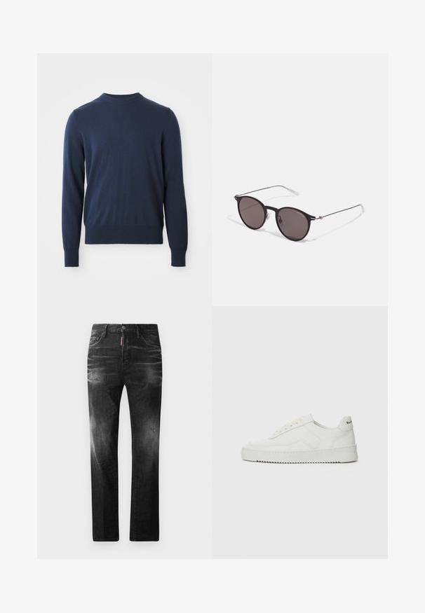 Tamsiai mėlynas ilgas rankovės megztinis su apvalia iškirpte, su briaunotomis rankovėmis ir apačia, pateiktas prieš baltą foną.; Juodi džinsai su tiesiu kirpimu. Spalvoti svyrantys plotai, šiek tiek sugadinti, klasikinis penkių kišenių dizainas ir mygtuko uždarymas.; Balti odiniai sportiniai bateliai su lygia apdaila, apvaliu pirštu, plokščiais raišteliais ir tekstūruotu padu. Pasižymi subtiliu logotipu ant kulno.; Juodos apvalios saulės akinių su tamsiais lęšiais ir plonomis metalinėmis šakomis. Įtraukti skaidrūs šventyklų galai ir sidabriniai akcentai vyrio srityje. Minimalistinis dizainas.