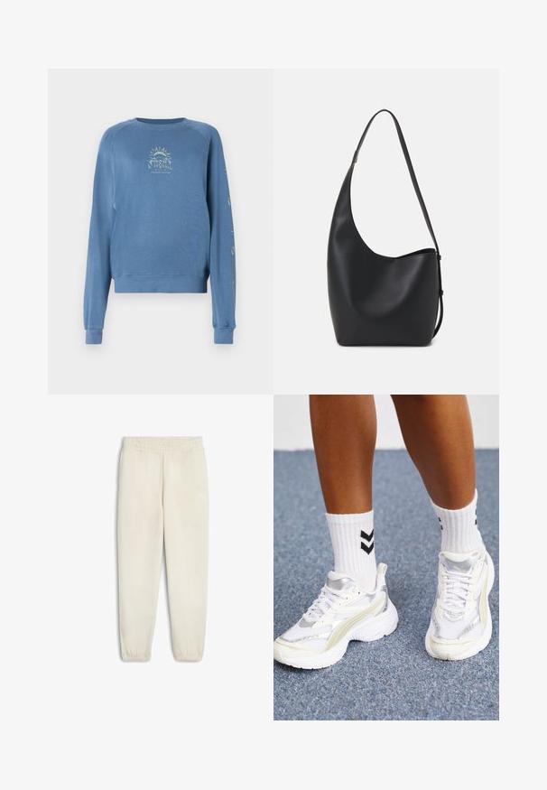 Sinine ülepea dressipluus, mis on valmistatud pehmest kangast. Esemel on esiküljel graafiline kujundus koos teksti ja päikesemotiividega varrukatel.; Heledad beežid dressipüksid, mis on valmistatud pehmest kangast, elastse vöökohtadega, mansettidega säärekestes ja väikese valge logoga külgede peal.; Valged tennisjalanõud hõbedaste aktsentidega, survematerjalist ja massiivse kujundusega. Kombineeritud mustade haakmustritega valgete sokkidega.; Mustast nahast hobo kott, millel on sile tekstuur, kumer kuju ja üks reguleeritav rihm; peal on lai avaus.