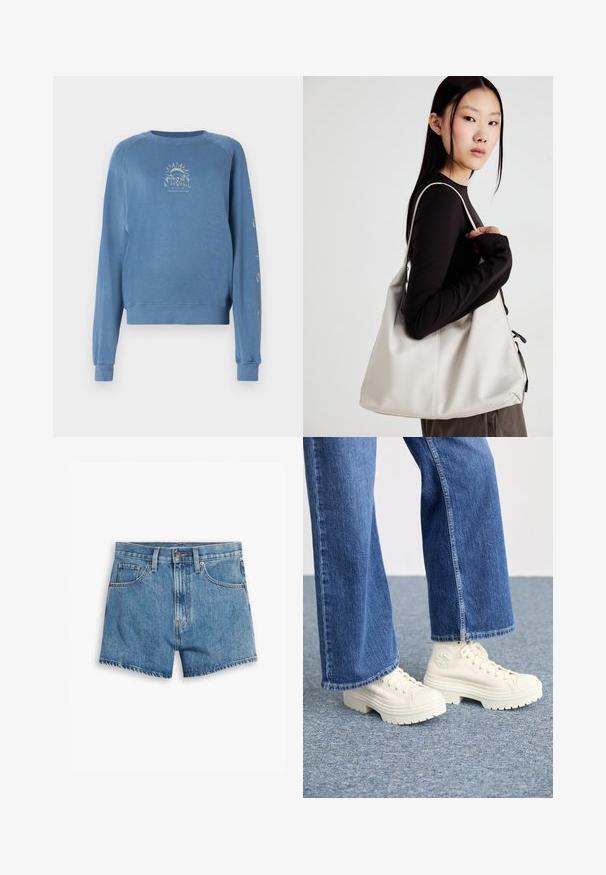 Blue crewneck sweatshirt made of soft fabric. It features a graphic design on the front with text and sun motifs on the sleeves.; Denim shorts in light blue, featuring five pockets, a zip fly, and a button closure. The hem is frayed with a relaxed fit design.; White high-top sneakers with thick, ridged soles and circular logo detail, worn with light blue, wide-leg denim jeans.; Beige handbag made of soft material, featuring a slouchy design, stitched detailing, and two shoulder straps. Suitable for everyday use.