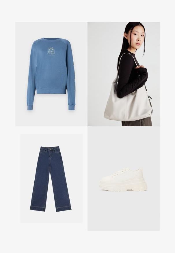 Sinine ülepea dressipluus, mis on valmistatud pehmest kangast. Esemel on esiküljel graafiline kujundus koos teksti ja päikesemotiividega varrukatel.; Laiad püksid tumedast sinisest denimist. Omab viit taskut, vöölõke ja toore äärega allosas, kus on nähtavad õmblused.; Valge kangast tennis, millel on paks tald, ümar varvas ja viis augukeed lakkide jaoks. Tagumine silt lihtsaks jalga panemiseks. Sile tekstuur, minimalistik disain.; Bež käekott pehme materjali, millel on lõtv disain, õmblustega detailid ja kaks õlarihma. Sobib igapäevaseks kasutamiseks.