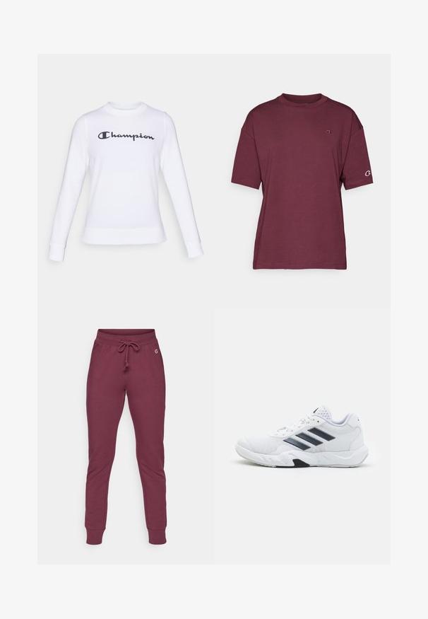 Weißer Sweatshirt aus Baumwolle mit langen Ärmeln, Rundhalsausschnitt und einem schwarzen "Champion"-Logo auf der Brust. Mit gerippten Bündchen und Saum.; Burgunderfarbenes T-Shirt mit kurzen Ärmeln aus weicher Baumwolle, mit einem runden Halsausschnitt und Logodetail auf der linken Brust und dem Ärmel.; Bordeauxfarbene Jogginghosen aus weichem Material mit einem Kordelzugbund, gerippten Bündchen und einem kleinen Logo-Detail an der Hüfte.; Weißer Sportschuh mit Mesh-Obermaterial, drei schwarzen Streifen an der Seite, strukturierten Akzenten und einer robusten Gummisohle mit einem kontrastierenden schwarzen Bereich.