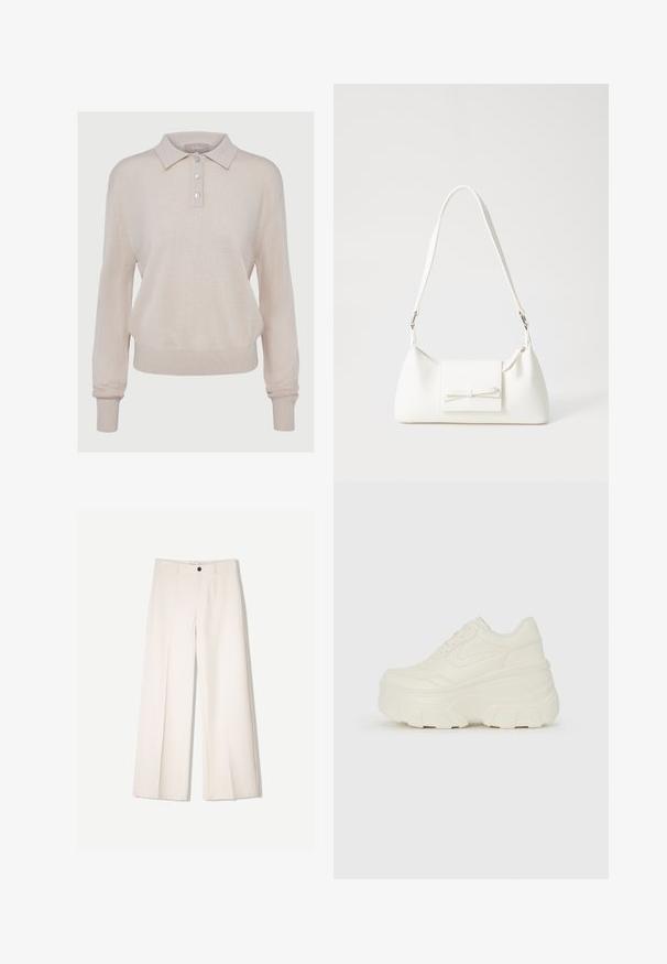 Beige gestrickter Poloshirt-Pullover mit langen Ärmeln, knöpfbarem Ausschnitt, gerippten Bündchen und Saum, mit einer weichen Textur und lässiger Passform.; Cremfarbene weitem Hosen mit maßgeschneidertem Design, ausgestattet mit zwei vorderen Taschen und einem vorderen Knopfverschluss, aus glattem Stoff gefertigt.; Weiße Platform Sneakers mit einem glatten, lederähnlichen Obermaterial, abgerundeter Form, gepolstertem Kragen und strukturierten Gummisohlen mit ausgeprägten Stollen.; Weiße synthetische Handtasche in dreieckiger Form, flache Vorderklappe und Schleifendetail, verstellbarer Trageriemen, glatte Textur und minimalistisches Design.