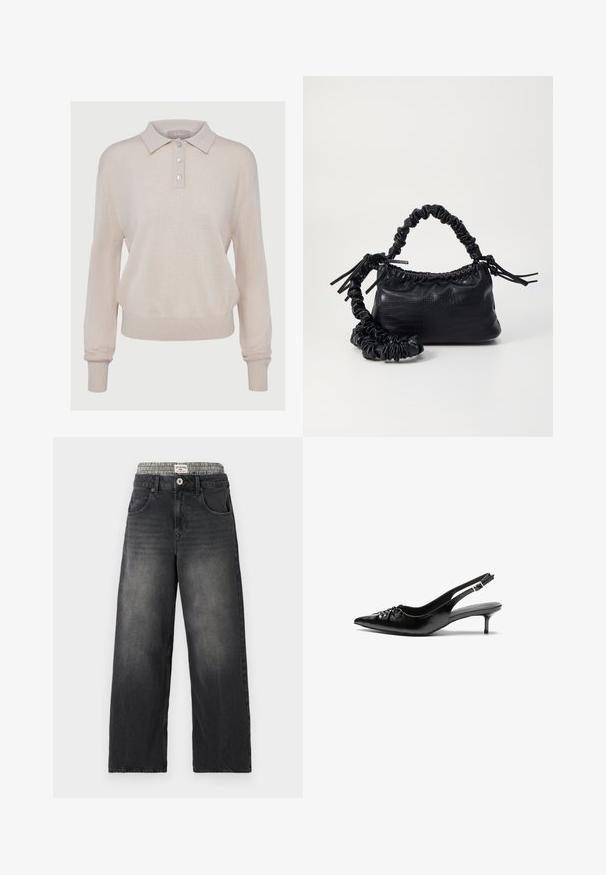 Beige gebreide polo trui met lange mouwen, knoopsluiting aan de voorkant, geribde manches en zoom, met een zachte textuur en een relaxte pasvorm.; Zwarte denim wijde jeans met een houndstooth patroon op de tailleband. Kenmerken zijn onder andere voorzakken en een knoopsluiting. Beschadigd textuur.; Zwarte leren slingback hakken met een spitse neus, kleine kittenhak en een decoratieve knoopdetail aan de voorkant. Smooth textuur overal.; Zwarte nepleer handtas met een krokodillenstructuur, opgedroogde bovenkant en een gekreukte hengsel. Het lijkt zacht en compact van ontwerp.