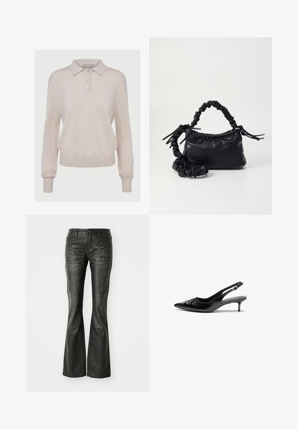 Beige gestrickter Poloshirt-Pullover mit langen Ärmeln, knöpfbarem Ausschnitt, gerippten Bündchen und Saum, mit einer weichen Textur und lässiger Passform.; Schwarze Kunstleder-Flared-Jeans mit Fronttaschen, einem Metallknopfverschluss und einer leicht strukturierten Oberfläche. Schmaler Schnitt mit langem Bein.; Schwarze Leder-Slingback-Absätze mit einer spitzen Zehenform, kleinen Kitten-Absätzen und einem dekorativen Knoten-Detail auf der Vorderseite. Glatte Textur über die gesamte Fläche.; Schwarze Handtasche aus Kunstleder mit Krokodilstruktur, gerafftem oberen Teil und einem geschoppten Tragegurt. Sie wirkt weich und kompakt im Design.
