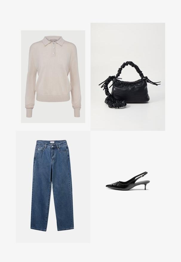 Beige stickad polo-tröja med långa ärmar, knappslå, ribbade ärmslut och nederkant, med en mjuk textur och avslappnad passform.; Klassiska blå denimjeans med rak benform, fem fickor och knäppning. Har en medelblå tvättning och stadig textur.; Svarta läder slingback klackar med spetsig tå, liten kittenklack och en dekorativ knutdetalj på framsidan. Slät textur hela vägen.; Svart faux läderhandväska med krokodiltextur, snodd topp och en skrämd rem. Ser mjuk och kompakt ut i designen.