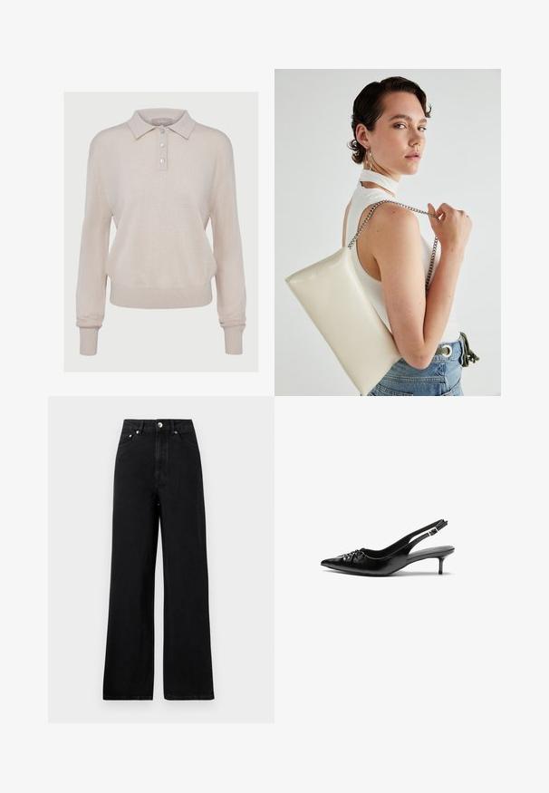 Šviesiai rudas mezgintas polo megztinis su ilgomis rankovėmis, užsegamas mygtukais, su raštinėmis rankovėmis ir apatine dalimi, pasižymintis minkšta tekstūra ir laisvu siluetu.; Aukštai liemeni juodos džinsinės kelnės su plačiais kojų kirpimais, turinčios penkias kišenes ir sidabrinės spalvos detales. Bendras paviršius lygus.; Juodos odinės slingback aukštakulniai su smailiu nosiu, mažais katės kulnais ir dekoratyvine mazgo detale priekyje. Visas paviršius lygus.; Balta, stačiakampio formos rankinė pagaminta iš blizgaus medžiagos, su sidabriniu virvute. Modelis pozavo, demonstruodamas rankinę prieš paprastą foną.