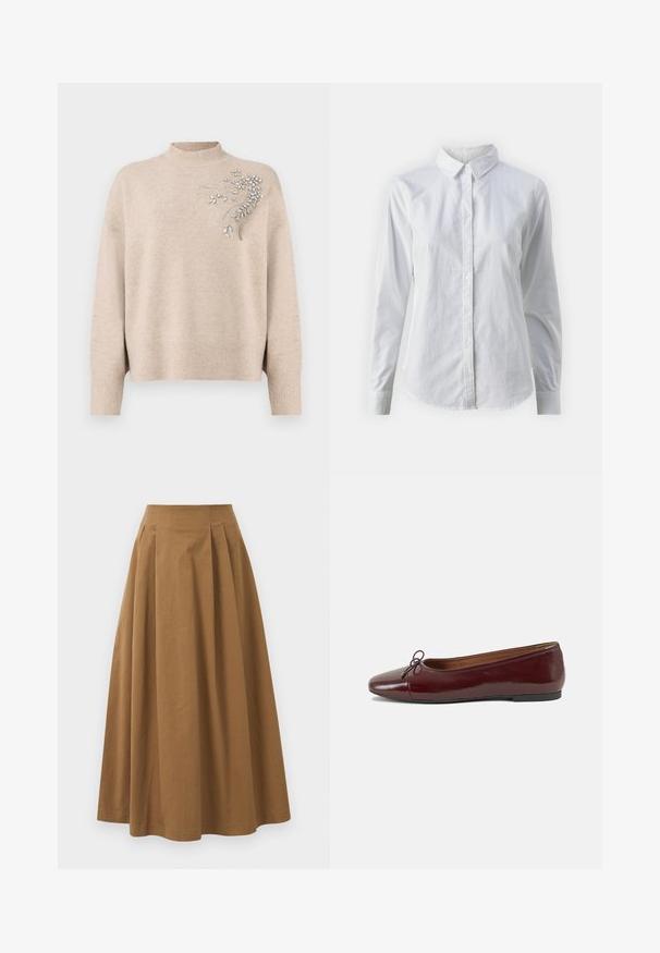 Pull léger beige en tissu doux, avec un col montant et des embellissements en argent intricats sur le côté gauche. Manches et ourlet côtelés.; Chemise blanche à manches longues en coton lisse, dotée d'un col classique et d'un ourlet arrondi. Les boutons sont petits et blancs.; Jupe A-line en coton brun avec taille haute, dotée de plis sur le devant et d'une texture lisse. Les finitions de l'ourlet sont nettes et simples.; Ballerines en cuir verni bordeaux avec un bout rond, un petit nœud décoratif à l'avant et une semelle en caoutchouc noire basse. Texture lisse.