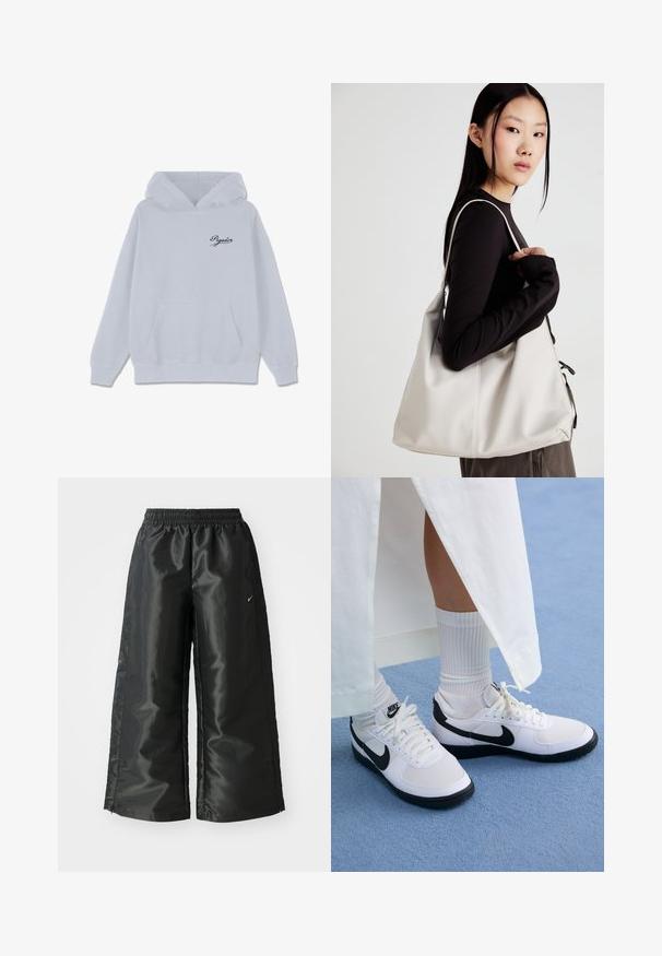 Sudadera gris claro de mezcla de algodón, con un bolsillo tipo canguro en la parte delantera, capucha con cordones y un pequeño logo en cursiva negra en el pecho.; Pantalones deportivos negros de tejido brillante y suave, con una cinturilla elástica, pierna ancha y un pequeño logo en el lado izquierdo.; Zapatillas Nike blancas con acentos negros, que presentan un upper de cuero suave, cordones blancos y suelas de goma resistentes, combinadas con calcetines blancos acanalados.; Bolso de mano beige hecho de material suave, con un diseño holgado, detalles cosidos y dos asas. Adecuado para uso diario.