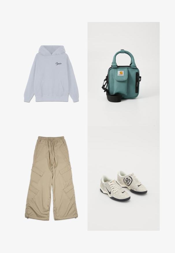 Hanorac gri deschis fabricat dintr-un amestec de bumbac, având un buzunar frontal tip kangaroo, un glugă cu șnur și un mic logo negru în scris cursiv pe piept.; Pantaloni cargo bej cu talie ajustabilă, multiple buzunare laterale și croială relaxată. Fabricati dintr-un material ușor, neted, cu detalii de cusătură.; Tenisi Nike cu o partea superioară texturată bej și gri, accente negre, un logo mare „90” și o închidere cu șireturi albe. Talpă neagră.; Geantă crossbody din material teal, cu mânere scurte, buzunar cu fermoar, buzunar în față cu clapetă, curea ajustabilă și logo Carhartt pe față.