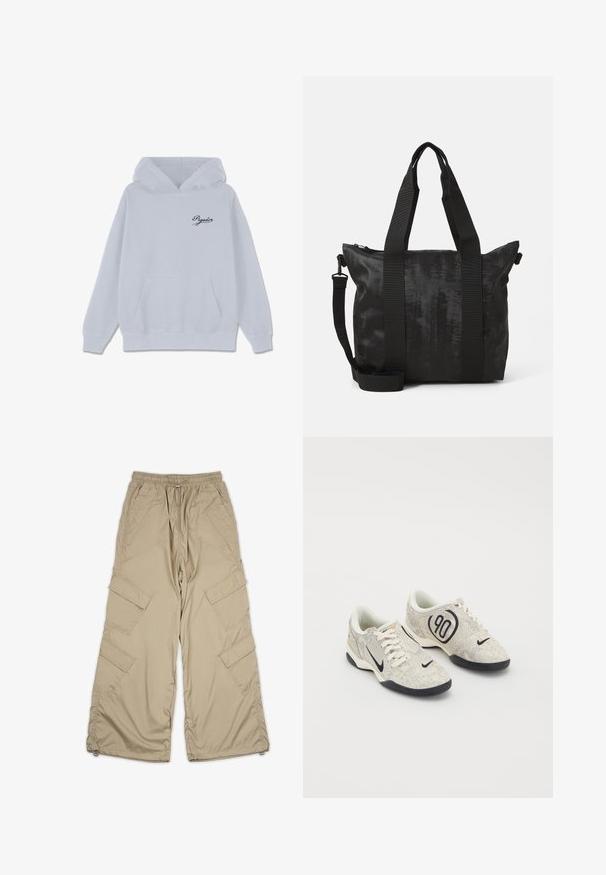 Sweatshirt cinza claro feito de uma mistura de algodão, com um bolso canguru à frente, capuz com cordão e um pequeno logótipo preto em itálico no peito.; Calças cargo bege com cintura ajustável, múltiplos bolsos laterais e um corte descontraído. Feitas de um tecido leve e suave com detalhes de costura.; Tênis Nike com um upper texturizado em bege e cinza, detalhes em preto, um grande logótipo "90" e um fecho de atacadores branco. Sola preta.; Bolsa tote preta com tecido texturizado, alças duplas na parte superior e uma alça de ombro destacável. Possui fecho com zipper para armazenamento seguro.