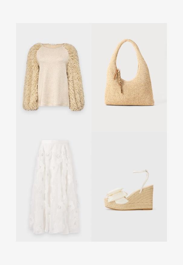 Top bege com mangas longas e fofas; material do corpo liso e cintilante; design de mangas raglan; textura suave; ajuste casual; estilo minimalista.; Saia branca, até ao joelho, com bordado floral e lantejoulas prateadas. Tecido leve e fluido com camadas em babados e uma cintura ajustada.; Sandália de cunha com uma plataforma de juta natural, parte superior em tecido creme e dois detalhes florais em camadas; possui uma alça fina no tornozelo com fivela.; Bolsa bege trançada com uma alça curva, superfície texturizada e detalhe de franjas castanhas. Apresenta um formato descontraído e estilo hobo.