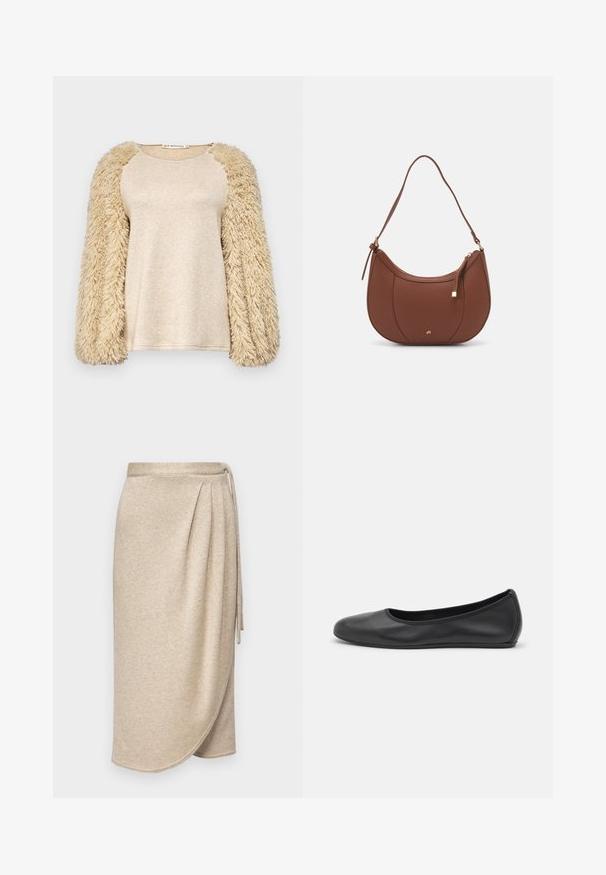 Beige top with long, fluffy sleeves; smooth, shimmery body material; raglan sleeve design; soft texture; casual fit; minimalistic style.; Beige wrap skirt made of soft, textured fabric with a subtle shimmer. Features a tied waist and draped design with a hem that curves gently.; Black leather ballet flat with a rounded toe, smooth texture, minimal stitching detail, and a flexible sole design.; Brown faux leather shoulder bag with curved shape, minimal stitching, and a gold-tone hardware accent. Features a top zipper closure and adjustable strap.