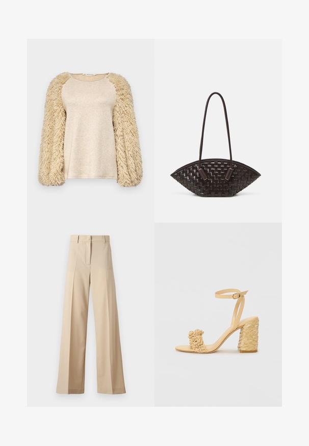 Bežový top s dlouhými, nadýchanými rukávy; hladký, lesklý materiál těla; raglánový střih rukávů; jemná textura; volný střih; minimalistický styl.; Beige široké kalhoty vyrobené z hladké tkaniny, s plochým předním dílem a záhyby, s zipovým zapínáním a poutky na pásek. Celkově střižené na míru.; Beige sandálky na vysokém podpatku s pletenou texturou, vyznačující se ozdobnou květinou a náramkem kolem kotníku. Čtvercová pata zajišťuje stabilitu.; THEMOIRè OLIMPIA - Kabelka - fondant