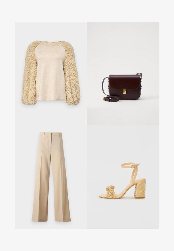 Bež topp pika pikkade, kohevate varrukatega; sile, läikiv keha materjal; raglaani varrukate disain; pehme tekstuur; vabaaja lõige; minimalistlik stiil.; Kreemikad laiad püksid, mis on valmistatud siledast kangast, millel on tasapinnaline esiosa koos voldikutega, lukuga esiosa ja vöökohale silmused. Üldine puhas istuvus.; Beez kõrge kontsaga sandaalid, millel on punutud tekstuur, dekoratiivne lilleke ja pahkluu rihm. Ruudukujuline konts tagab stabiilsuse.; Pruun nahast kott klappi sulgemisega, kuldsete detailidega ja reguleeritava rihmaga. Omab siledat tekstuuri ja stiilset ristküliku kuju.