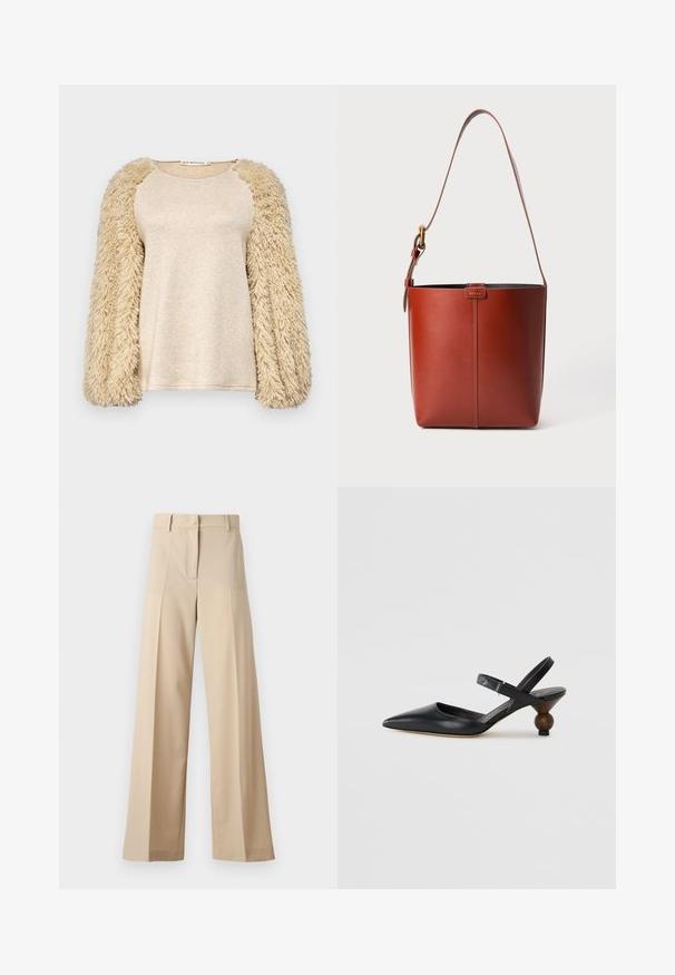 Bež topp pika pikkade, kohevate varrukatega; sile, läikiv keha materjal; raglaani varrukate disain; pehme tekstuur; vabaaja lõige; minimalistlik stiil.; Kreemikad laiad püksid, mis on valmistatud siledast kangast, millel on tasapinnaline esiosa koos voldikutega, lukuga esiosa ja vöökohale silmused. Üldine puhas istuvus.; Must musta slingback kingad terava varba, kõverdisainiga ja ümar puidust sarnane konts. Omab kitsast pahkluu rihma.; Pruun nahast ämbri kott reguleeritava õlavööga ja kuldse määrdega, lihtne vertikaalne õmblusdetail ees.